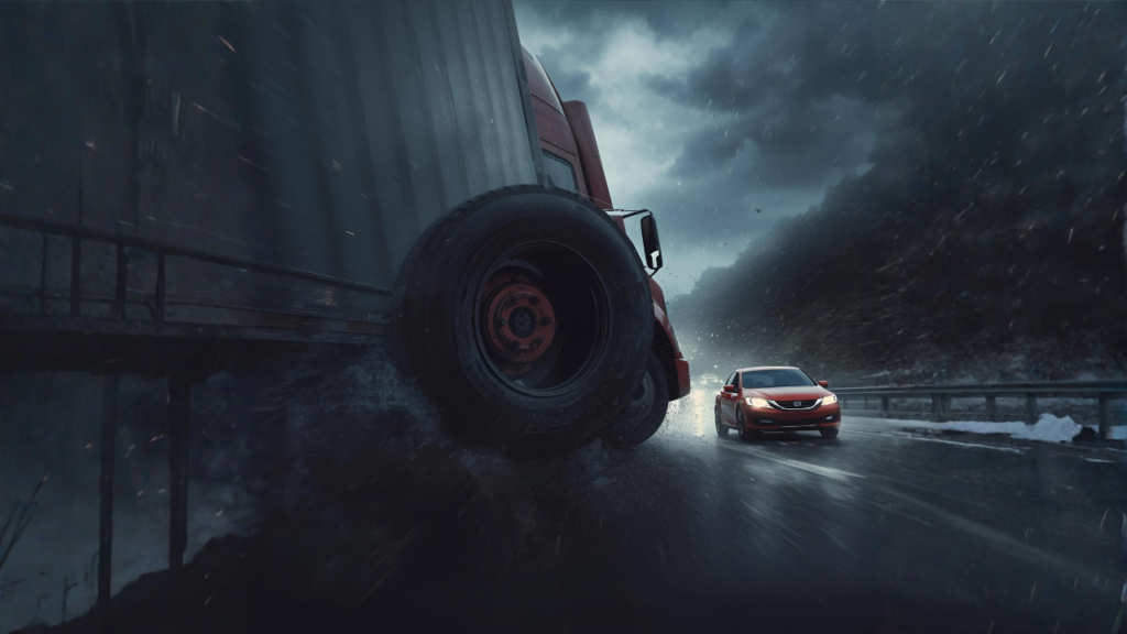 雨の高速道路で大型トラックの左後輪が脱落し、乗用車に直撃しそうになっている脱輪事故のイメージ図