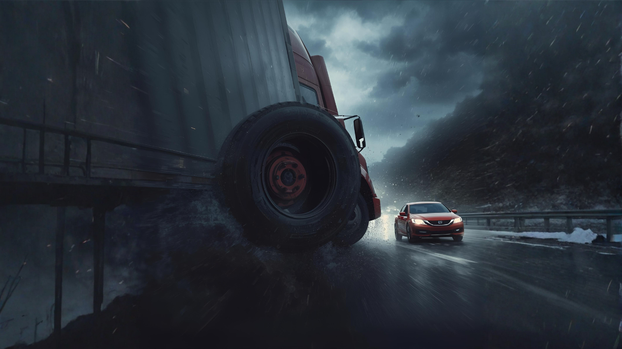 雨の高速道路で大型トラックの左後輪が脱落し、乗用車に直撃しそうになっている脱輪事故のイメージ図